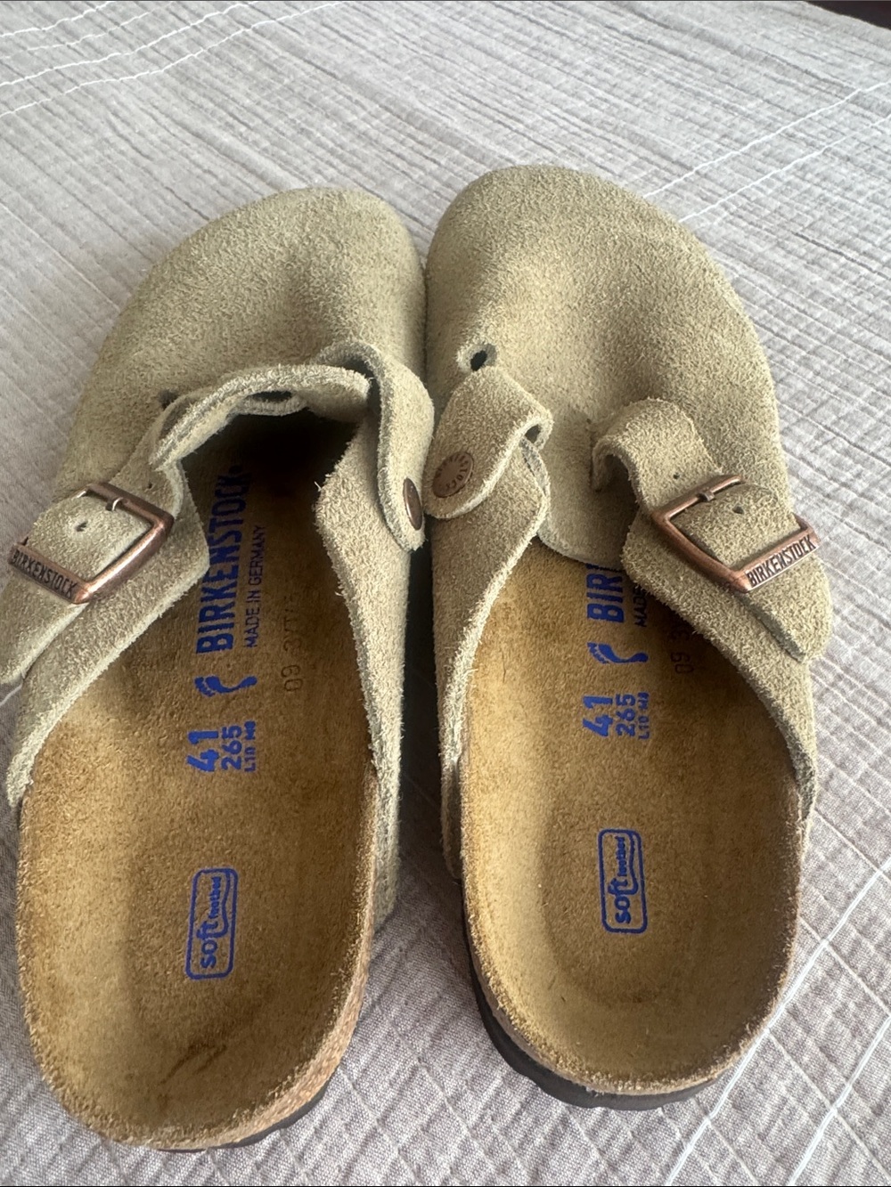 Birkenstock Kids Suede Clogs in Beige/Tan with Copper Buckles